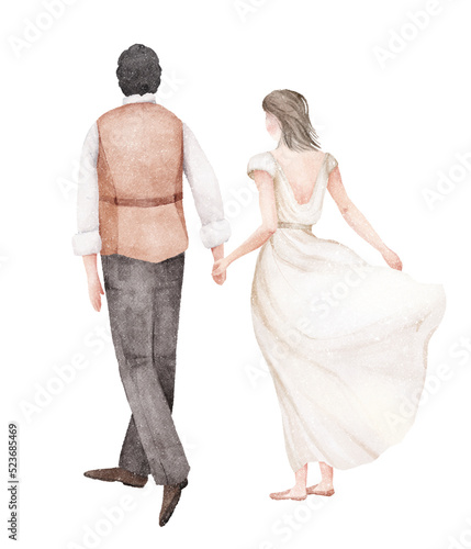 Watercolor hand drawn composition with illustration of wedding couple holding hands isolated on white background. Bride, groom, boho rustic style. Back view. For vintage card, postcard, invitation.