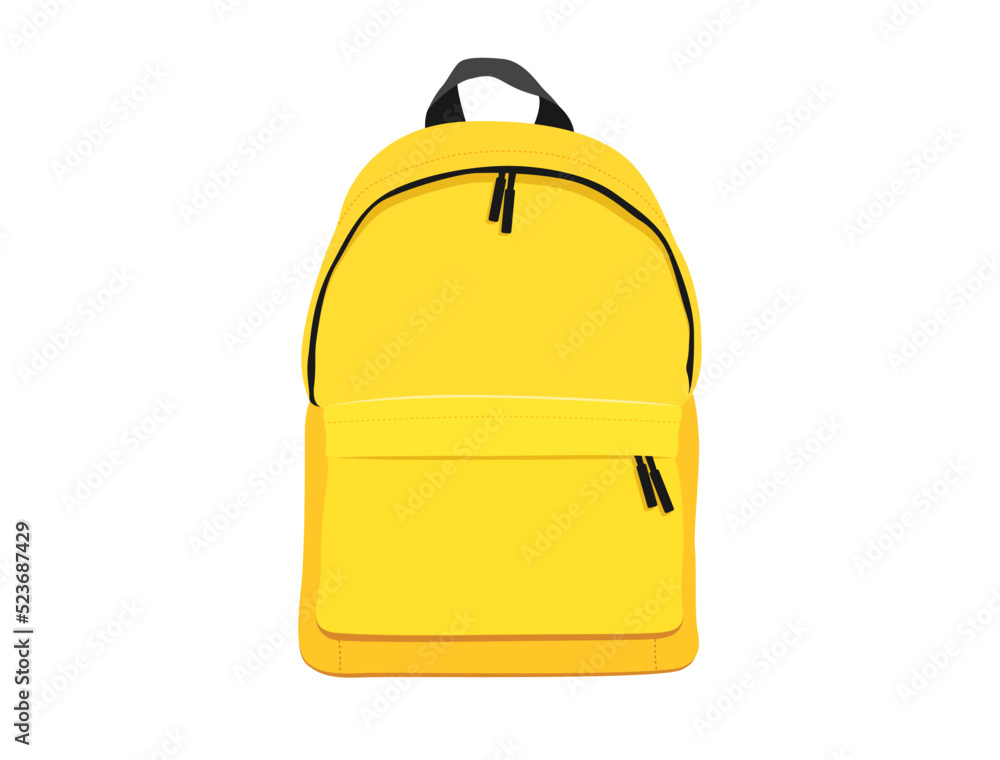 Vector yellow backpack isolated on white background. Back to school flat illustration. Basic urban bag. Travel hand luggage. Kids school bag template. Child studying colorful fabric canvas backpack - obrazy, fototapety, plakaty 