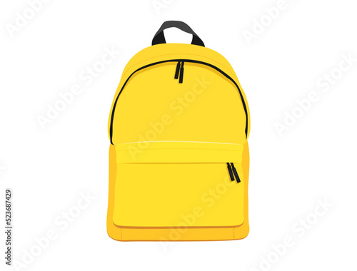 Vector yellow backpack isolated on white background. Back to school flat illustration. Basic urban bag. Travel hand luggage. Kids school bag template. Child studying colorful fabric canvas backpack photo