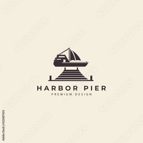 pier with boat port  logo design vector icon illustration