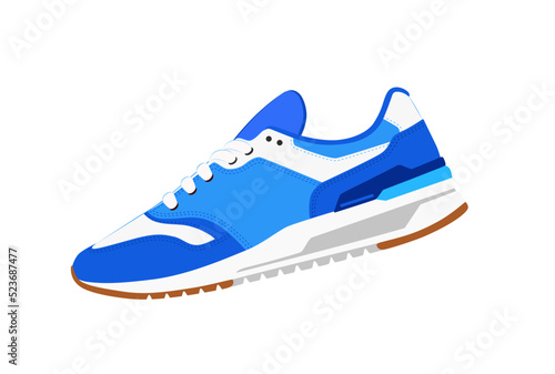 Vector blue trainers shoes isolated on white background. Trendy basketball footwear side view. Modern men shoe silhouette. Casual sneakers logo. Sportswear template. Sneaker flat symbol
