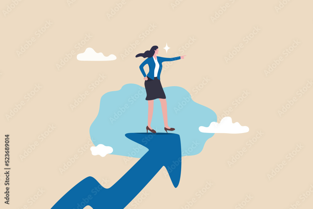 Woman leader, success businesswoman or female visionary to lead company, lady entrepreneur or feminine leadership concept, success businesswoman standing on growth arrow pointing to the bright future. - obrazy, fototapety, plakaty 