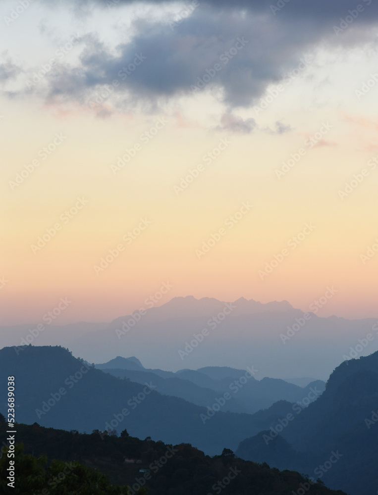 Mountain Landscapes with sunrise and fog