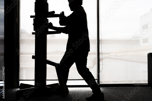 Silhouette of a fighter Wing Chun and wooden dummy on a background. Wing Chun Kung Fu Self defense