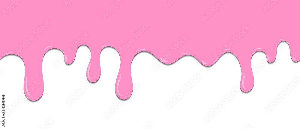 Seamless pattern of melted strawberry pink cream dripping. Dessert background with melted strawberry pink cream. Banner seamless pattern. Transparent background. Illustration