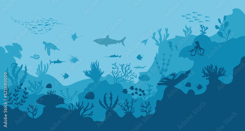 silhouette of coral reef with fish on blue sea background underwater vector illustration	
 - obrazy, fototapety, plakaty 