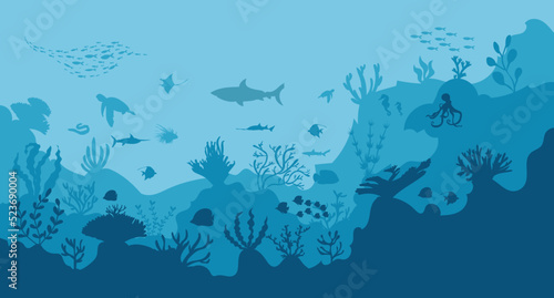 silhouette of coral reef with fish on blue sea background underwater vector illustration	
