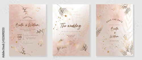 Luxury botanical wedding invitation card template. Watercolor card with gold line art, pink color, leaves branches, foliage. Elegant blossom vector design suitable for banner, cover, invitation. 