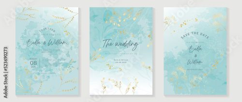 Luxury botanical wedding invitation card template. Watercolor card with wildflowers, blue color, leaves branches, foliage. Elegant blossom vector design suitable for banner, cover, invitation. 