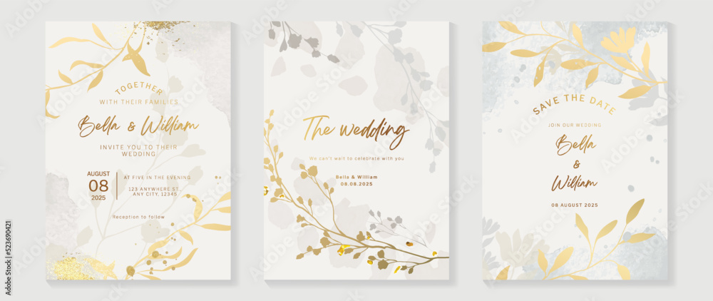Luxury botanical wedding invitation card template. Watercolor card with gold texture, leaves branches, foliage, trees, flowers. Elegant blossom vector design suitable for banner, cover, invitation.