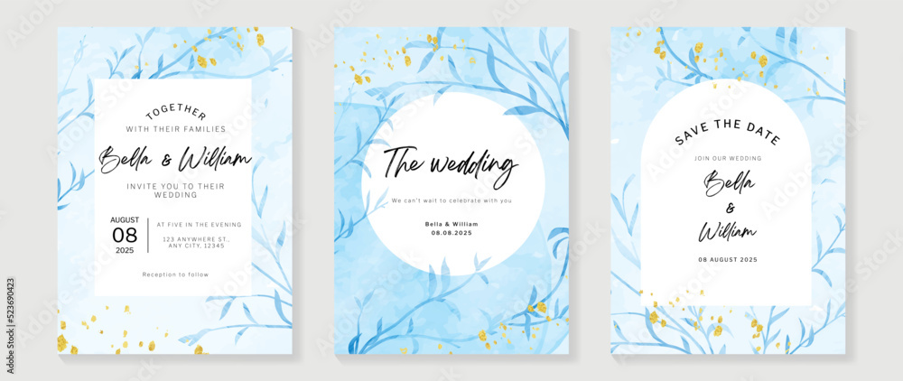 Luxury botanical wedding invitation card template. Watercolor card with blue color, leaves branches, foliage, trees. Elegant blossom vector design suitable for banner, cover, invitation.