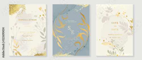 Luxury botanical wedding invitation card template. Watercolor card with gold texture, leaves branches, foliage, trees, flowers. Elegant blossom vector design suitable for banner, cover, invitation.