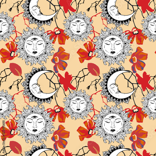 Bohemian seamless pattern with sun, moon, stars and flowers. Vintage style. Gypsy and folk motifs.