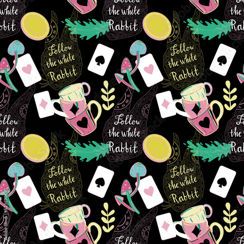 Alice in wonderland seamless pattern with mushrooms, roses, playing cards. Follow the white rabbit concept.