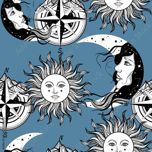 Bohemian seamless pattern with sun, moon, compass. Vintage style. Gypsy and hipster vector illustration. Astronomy and astrology symbol.