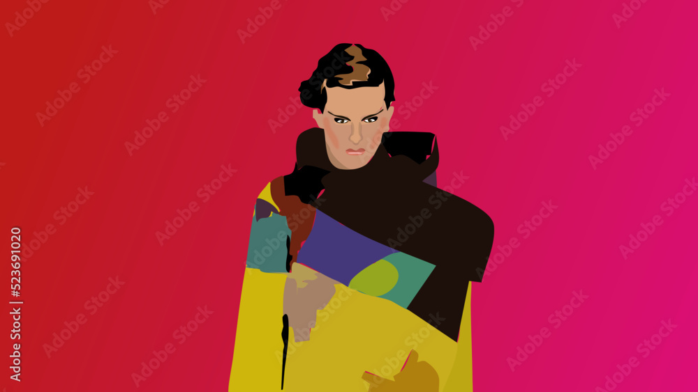 Model posing in the studio, a brown haired woman in a colorful coat, on a bright reddish background, realistic minimalistic illustration vector Model posing in the studio, a brown haired woman in a colorful coat, on a bright reddish background, realistic minimalistic illustration vector