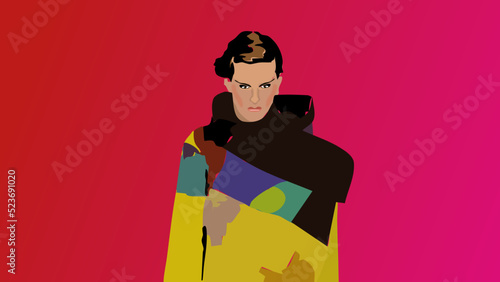 Model posing in the studio, a brown haired woman in a colorful coat, on a bright reddish  background, realistic minimalistic illustration vector
