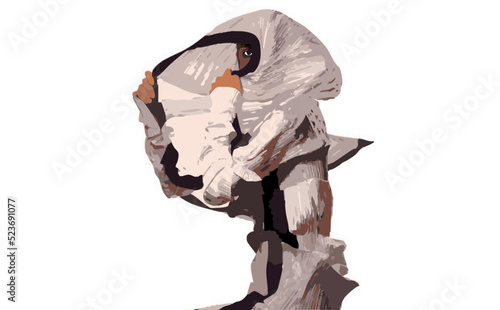 Model poses in the studio, a brown woman in a white pleated dress peeks out with one eye, sitting  on a white background realistic minimalistic illustration vector