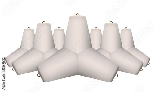 Vector sea tetrapod construction, isolated on white background. Wave breaker cement heavy block. Baltic stone barricade. Ocean beach breakwater, side view. Strong architecture anti-wave storm set