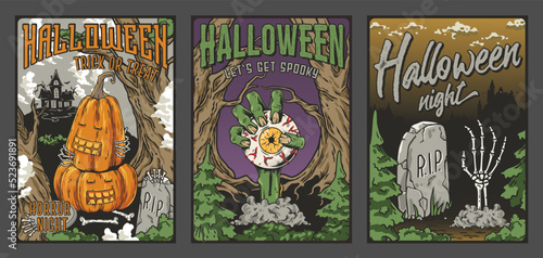 Halloween poster set for cementary scary party. Autumn october banner with zombie hand and skulls