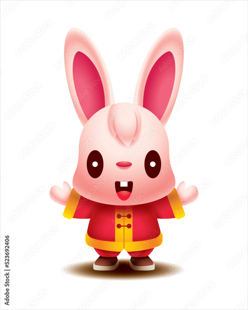 Obraz premium Happy Chinese New Year 2023. Cartoon cute long ears rabbit wearing traditional chinese costume with greeting hand. Year of the rabbit. Vector bunny character