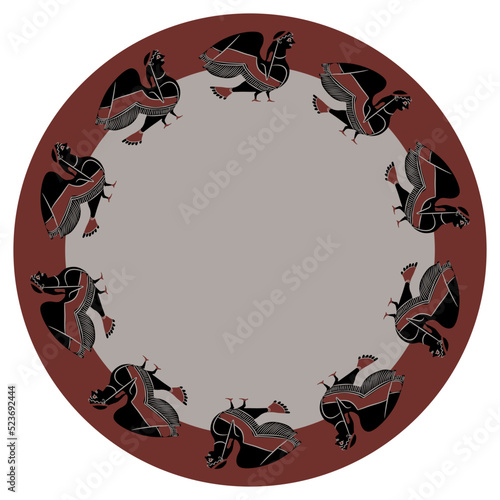 Round ethnic ornament or frame with fantastic siren or harpy birds. Ancient Greek mythology.