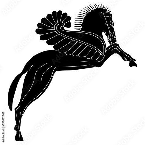 Pegasus. Jumping winged horse. Ancient Greek mythology. Black and white silhouette. Symbol of inspiration.