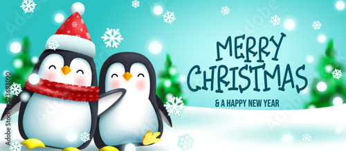 Penguin christmas greeting vector design. Merry christmas text with penguins friendly characters in outdoor snow for xmas holiday celebration. Vector illustration.
