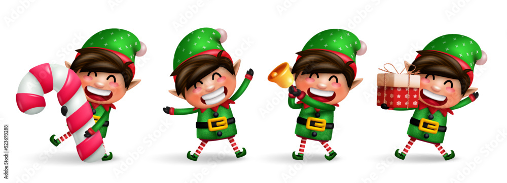 Elf christmas characters vector set. Elves 3d kids character with candy cane, gift and bell xmas elements standing and isolated in white background for xmas collection design. Vector illustration.
 - obrazy, fototapety, plakaty 
