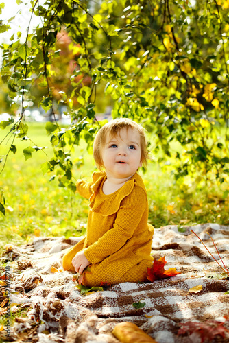 Adorable toddler girl sitting on the ground and having picnic in autumn park. Happy kid enjoying fall day. Outdoor activites for kids