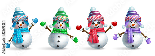 Snow man christmas characters vector set. Snowman 3d kids character in friendly and cute faces with hat, scarf and gloves isolated in white background for xmas collection design. Vector illustration.
