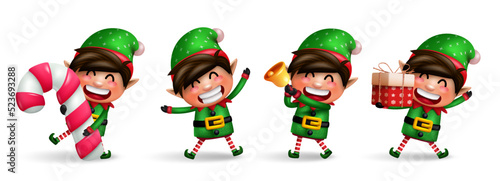 Elf christmas characters vector set. Elves 3d kids character with candy cane, gift and bell xmas elements standing and isolated in white background for xmas collection design. Vector illustration.
 photo