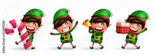 Elf christmas characters vector set. Elves 3d kids character with candy cane, gift and bell xmas elements standing and isolated in white background for xmas collection design. Vector illustration.
