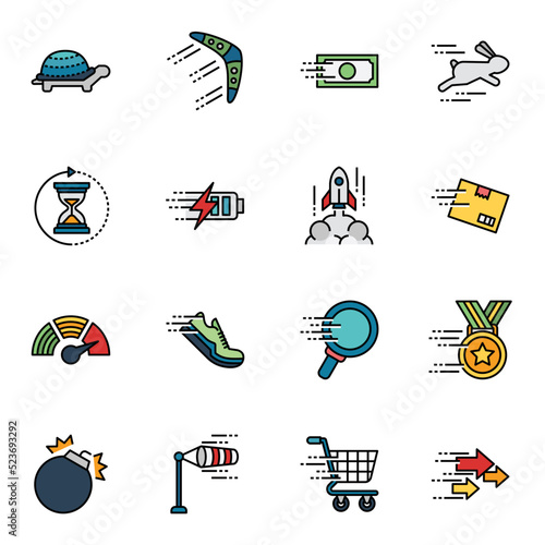 Motion and speed colored icons set 1. Slow and fast vector signs.