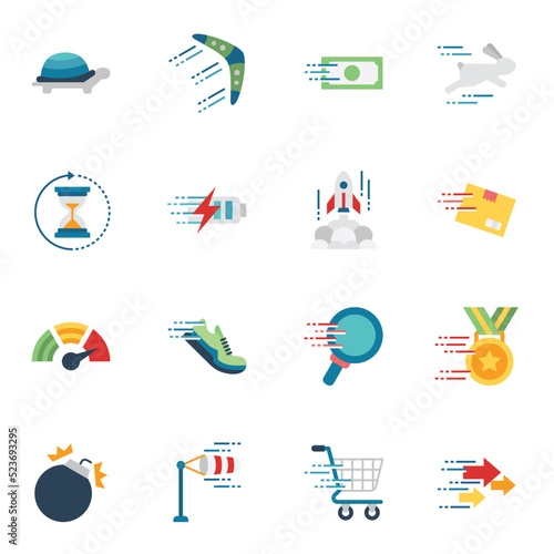 Motion and speed flat icons set 1. Slow and fast vector signs.
