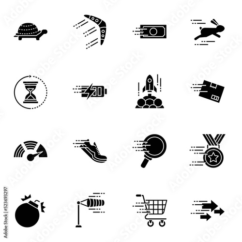 Motion and speed black glyph icons set 1. Slow and fast vector signs.