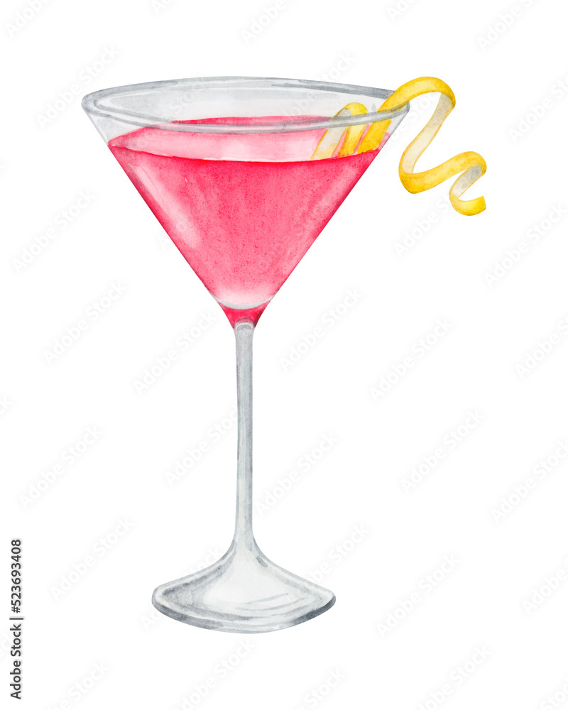Cosmopolitan cocktail watercolor hand drawn illustration. Drink clipart on white background.