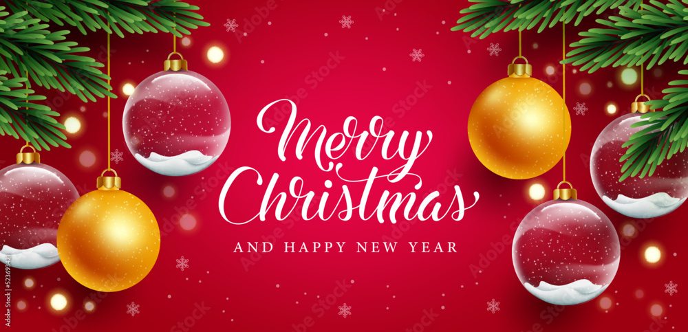 Merry christmas vector background design. Merry christmas greeting text with shinny and crystal balls hanging element for xmas holiday season celebration. Vector illustration.
