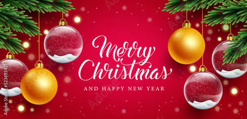 Merry christmas vector background design. Merry christmas greeting text with shinny and crystal balls hanging element for xmas holiday season celebration. Vector illustration.
