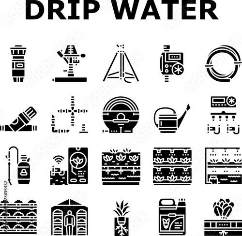 water system irrigation sprinker icons set vector. garden agriculture farm, drip field, automatic pipe, lawn spray, plant pump irrigate water system irrigation sprinker glyph pictogram Illustrations