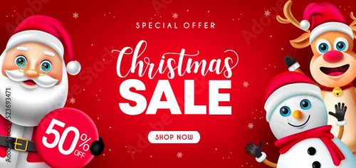 Christmas sale vector design. Christmas sale text up to 50% off special offer promo discount with santa claus, reindeer and snowman character for holiday season business promotion. Vector illustration