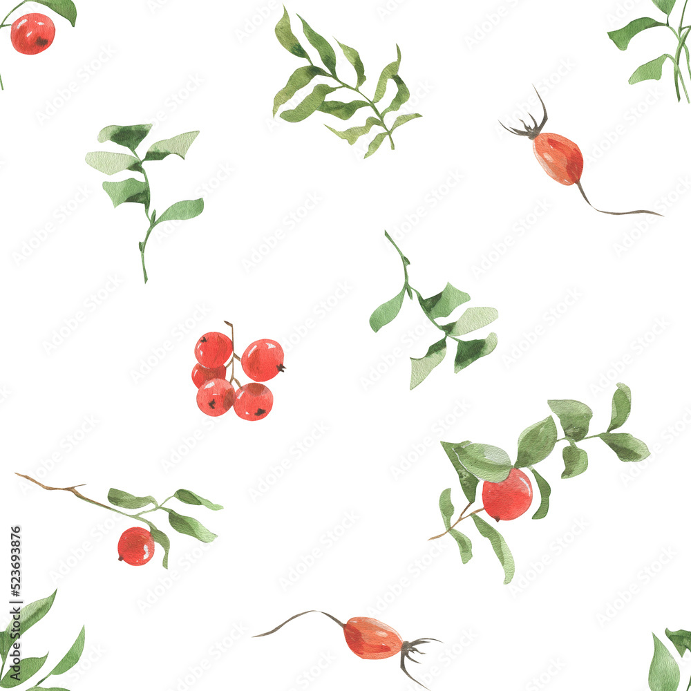Seamless pattern of watercolor illustrations of rose hips, cranberries and greenery branches Seamless pattern of watercolor illustrations of rose hips, cranberries and greenery branches