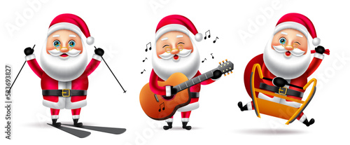 Christmas santa character vector set. Christmas santa claus characters in skating, playing guitar and riding sleigh for xmas holiday season santaclaus collection design. Vector illustration.
