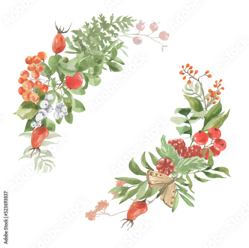 Watercolor wreath of autumn leaves and berries