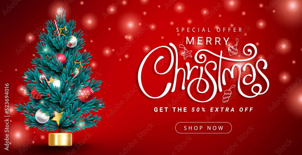 Christmas sale vector banner design. Christmas sale special offer text with xmas tree seasonal element for xmas shopping holiday promo ads. Vector illustration.
