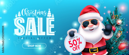 Christmas sale vector banner design. Christmas sale special offer text with santa claus character for seasonal xmas shopping holiday promo. Vector illustration.
