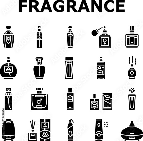 fragrance bottle perfume cosmetic icons set vector. glass product, luxury beauty spray, cologne scent perfumery, aroma package container fragrance bottle perfume cosmetic glyph pictogram Illustrations