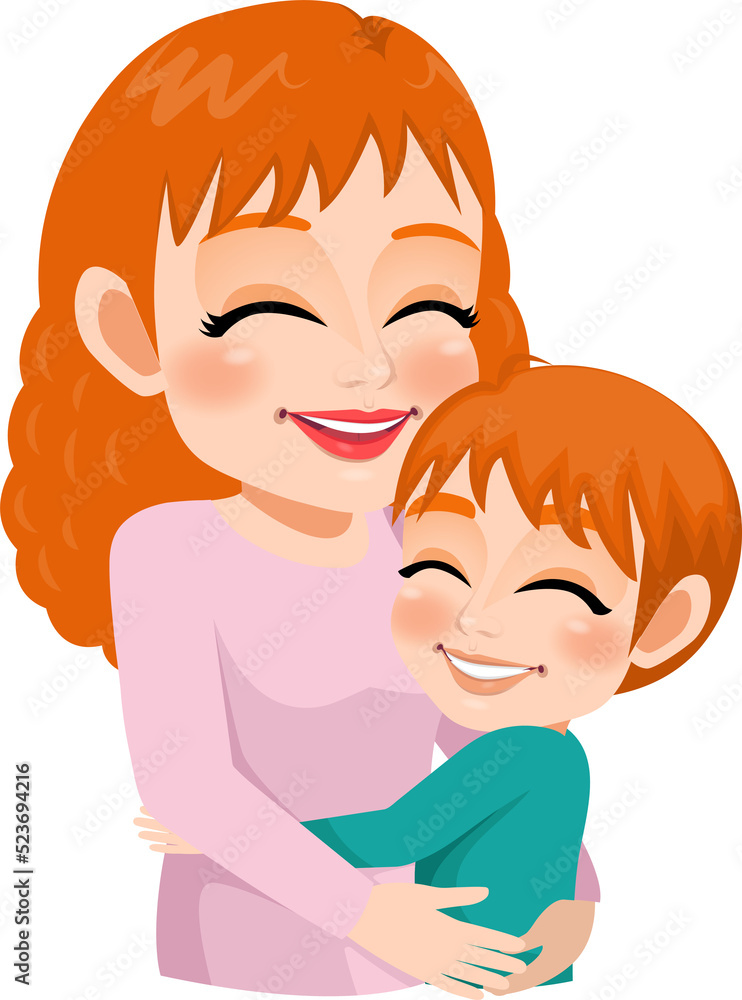 Cartoon character with Mom and son embrace. Mother is day concept Cartoon character with Mom and son embrace. Mother is day concept