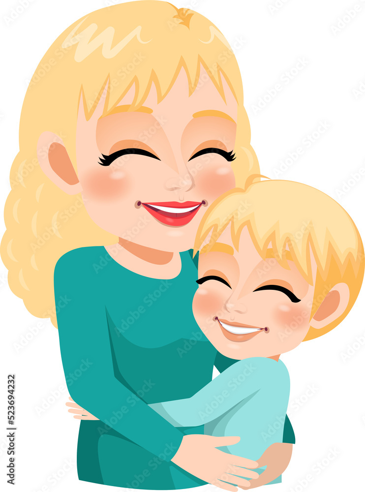 Cartoon character with Mom and son embrace. Mother is day concept Cartoon character with Mom and son embrace. Mother is day concept