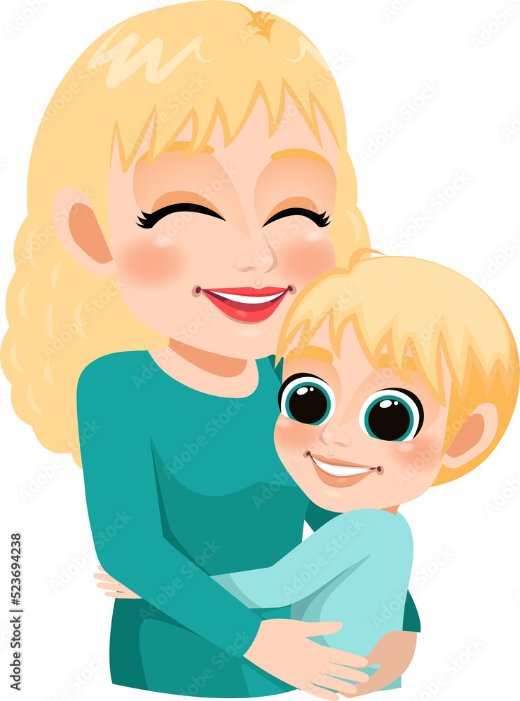 Cartoon character with Mom and son embrace. Mother is day concept Cartoon character with Mom and son embrace. Mother is day concept